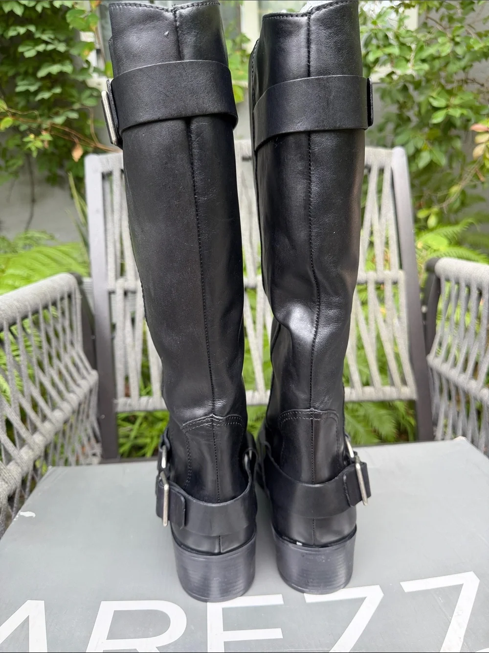 Arezzo Black Leather Knee-High Buckle Riding Boots